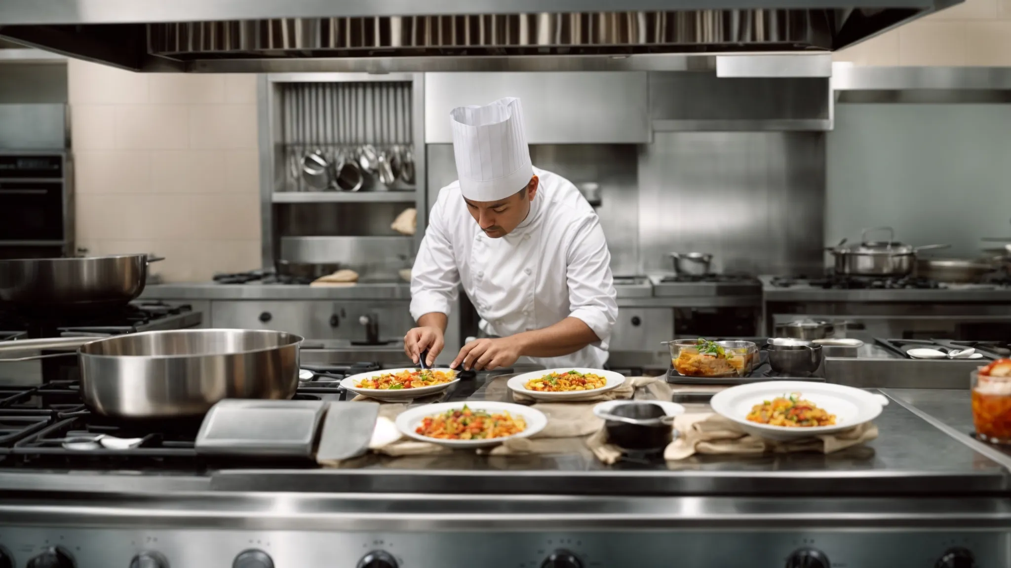 a chef intently observes three dishes on the stove, the oxo good grips triple kitchen timer prominently displayed in the foreground.