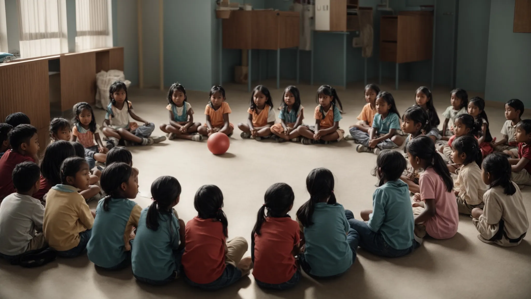 a diverse group of children sitting in a circle on the floor, engaging in an educational activity guided by a teacher.