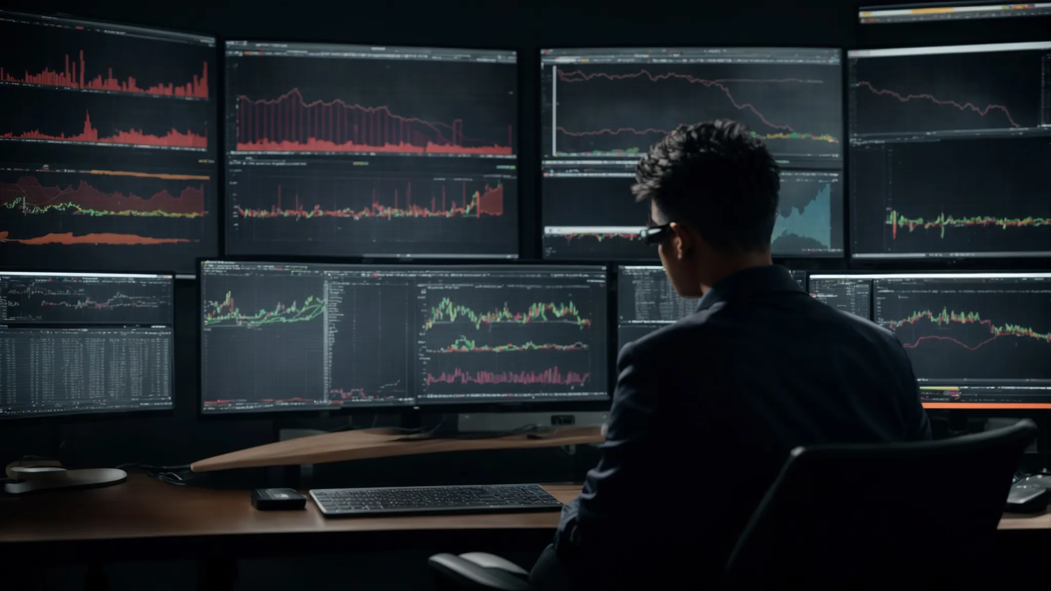 a person at a desk surrounded by monitors displaying graphs and data, intensely focusing on a laptop screen.