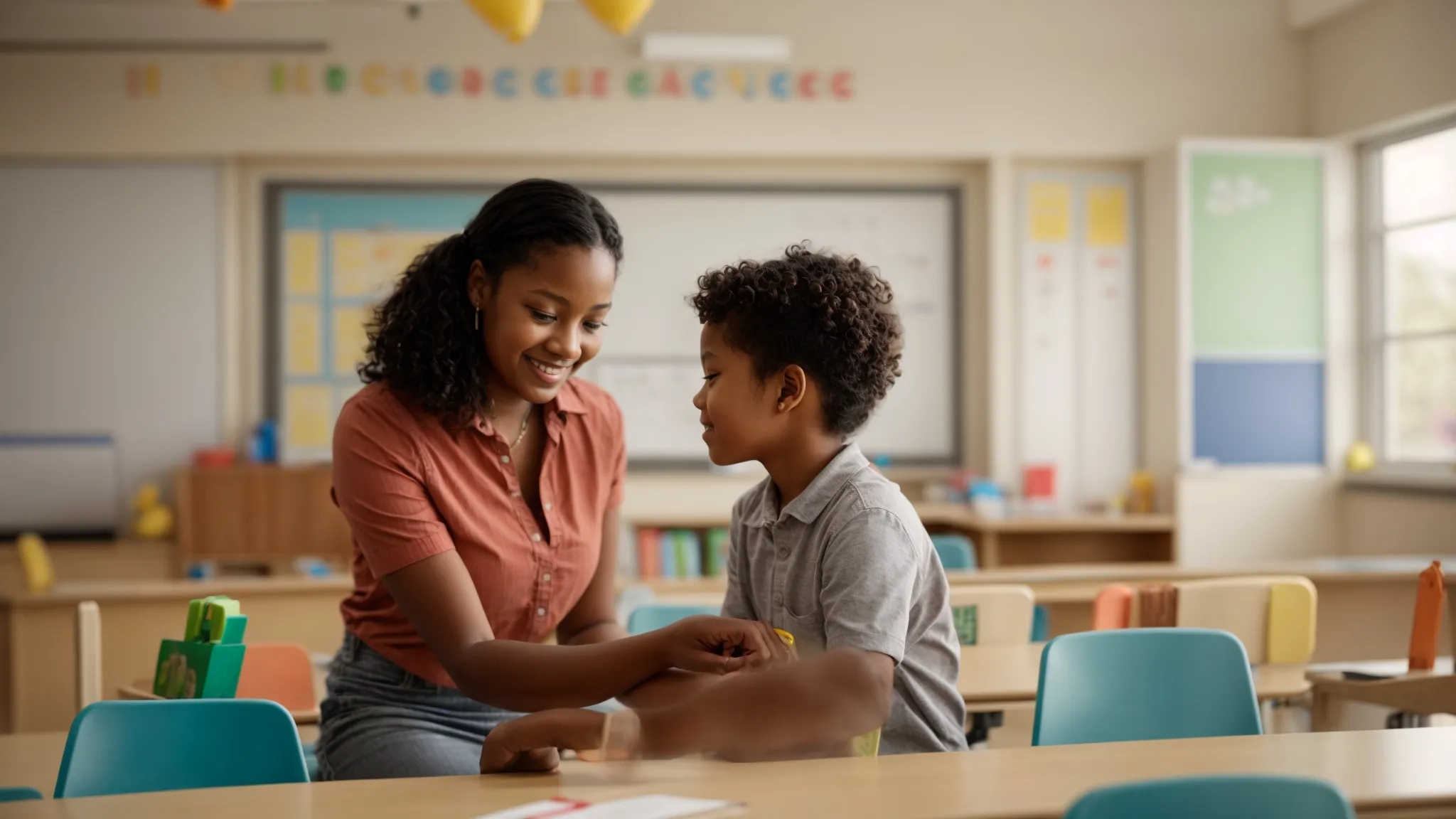 a teacher gently guiding a child with learning tools in a bright, welcoming classroom setting.