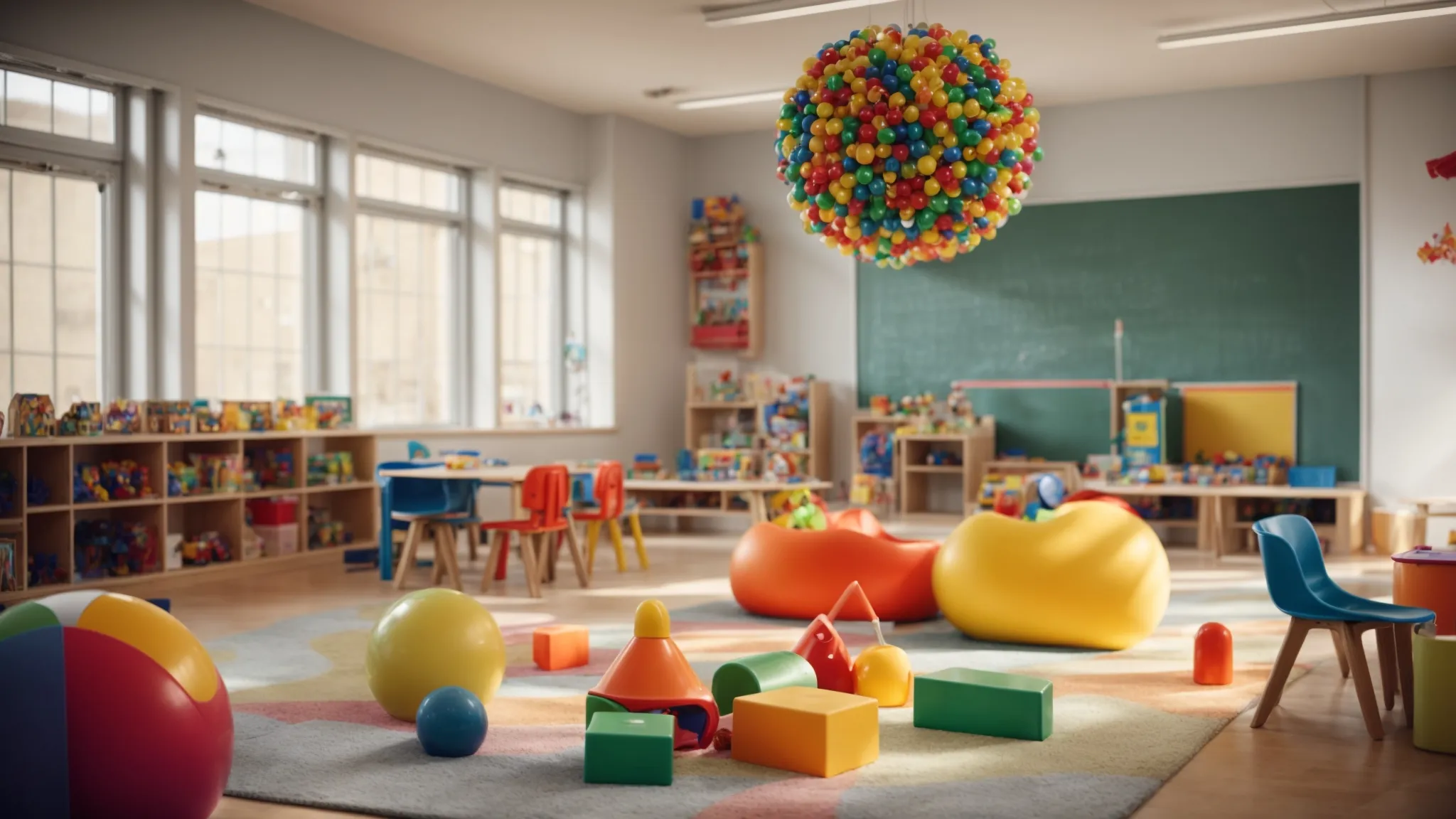 a classroom with a variety of colorful educational toys and books arranged around a small, interactive play area designed for children.