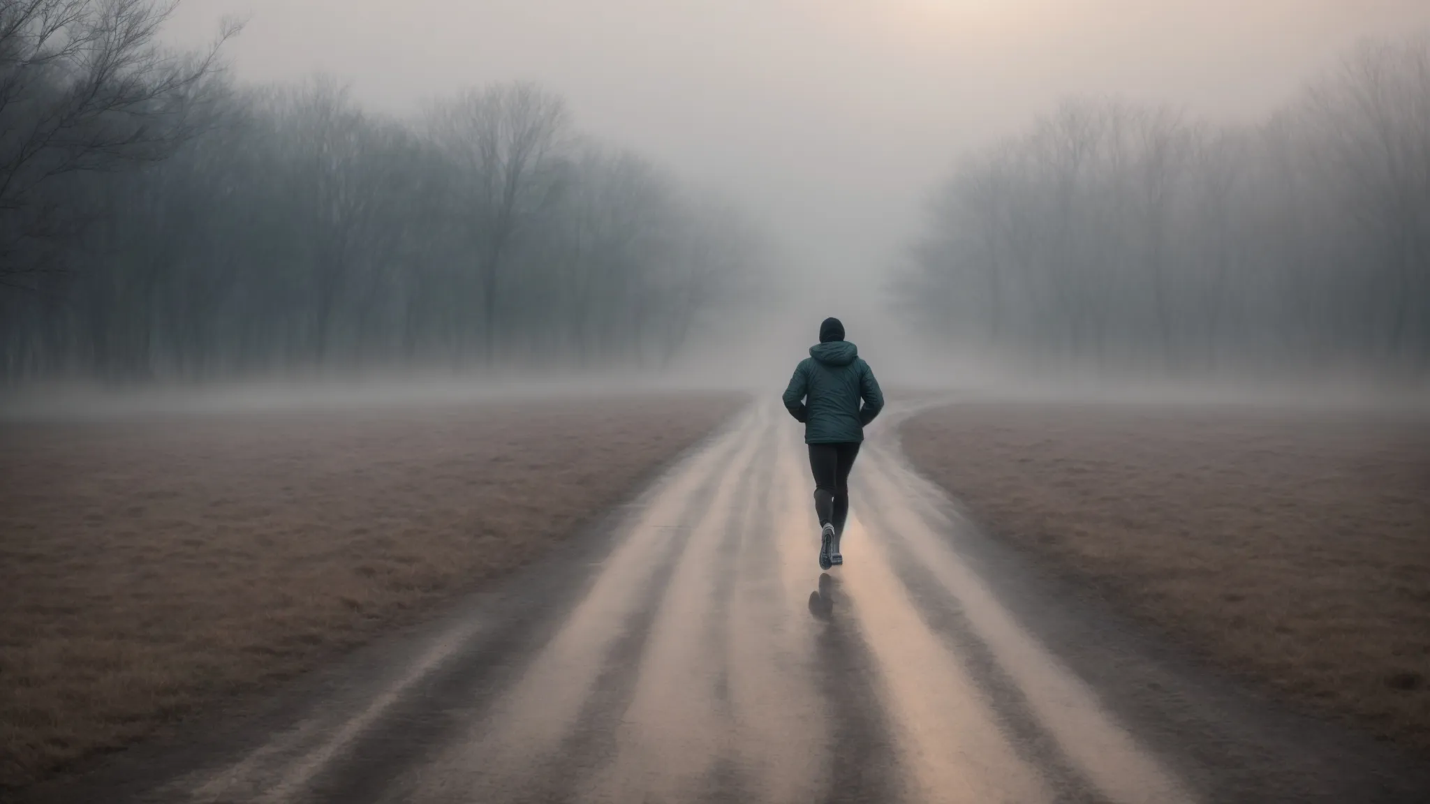 a lone figure running along a foggy, deserted track at dawn, embodying the commitment to training in solitude.