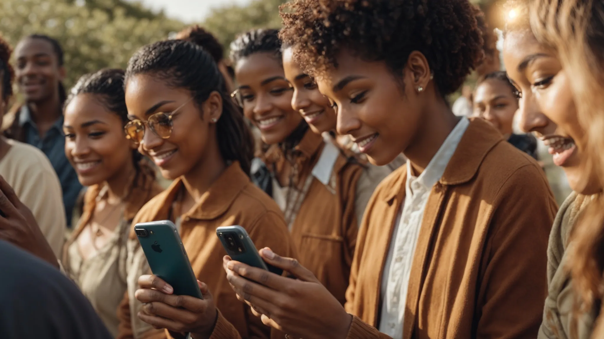 a vibrant group of individuals joyously engaging with a brand's interactive social media campaign on their smartphones in a sunlit, open space.