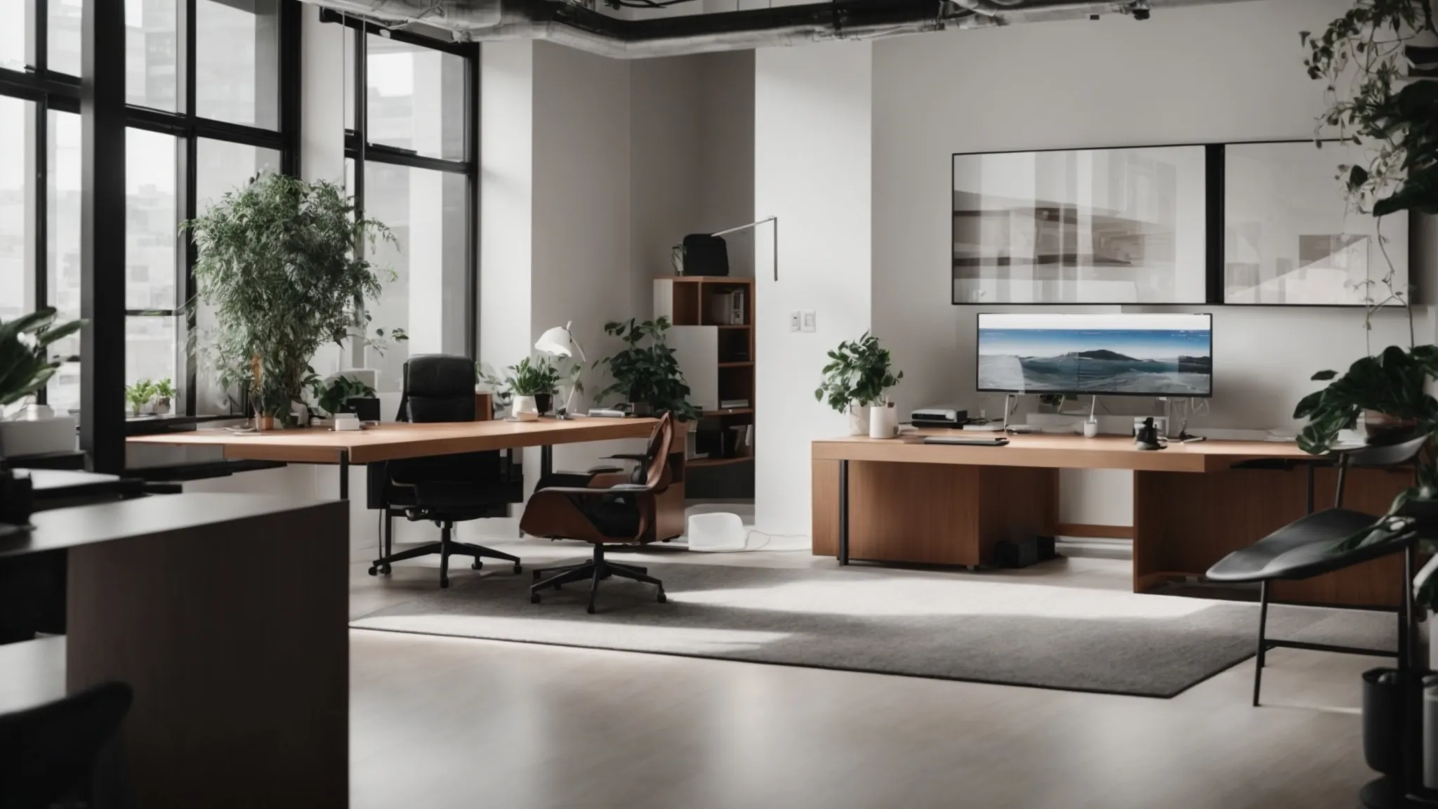 a minimalist office space with sleek, hidden cable management solutions, highlighting a seamless integration of technology in a clutter-free work environment.