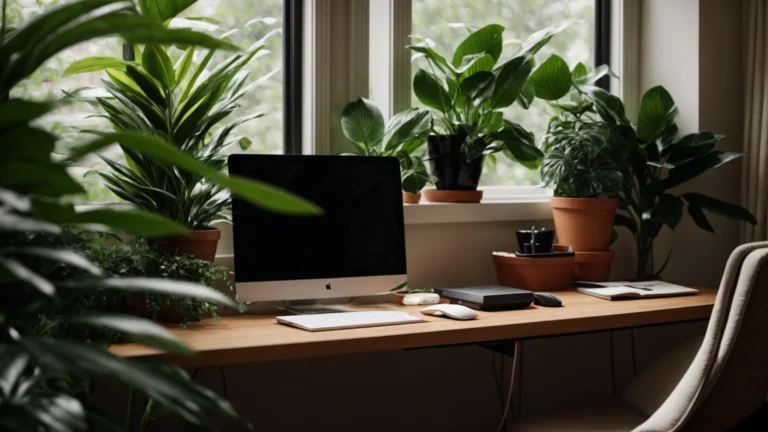 a sleek, minimalist desk with a modern computer, surrounded by lush houseplants under warm, ambient lighting.