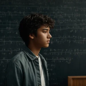 a high school student stands in front of a chalkboard filled with mathematical equations and graphs.