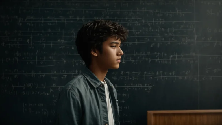 a high school student stands in front of a chalkboard filled with mathematical equations and graphs.