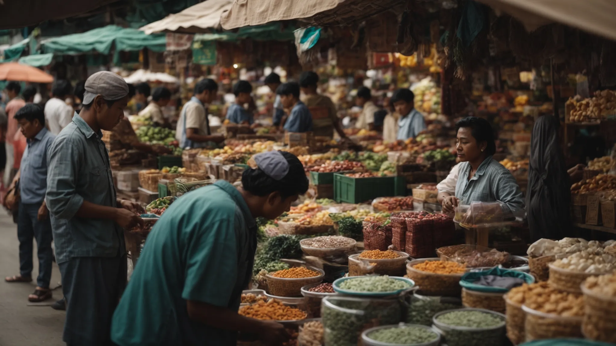 a bustling local marketplace where various vendors interact with customers, showcasing their unique products and services.