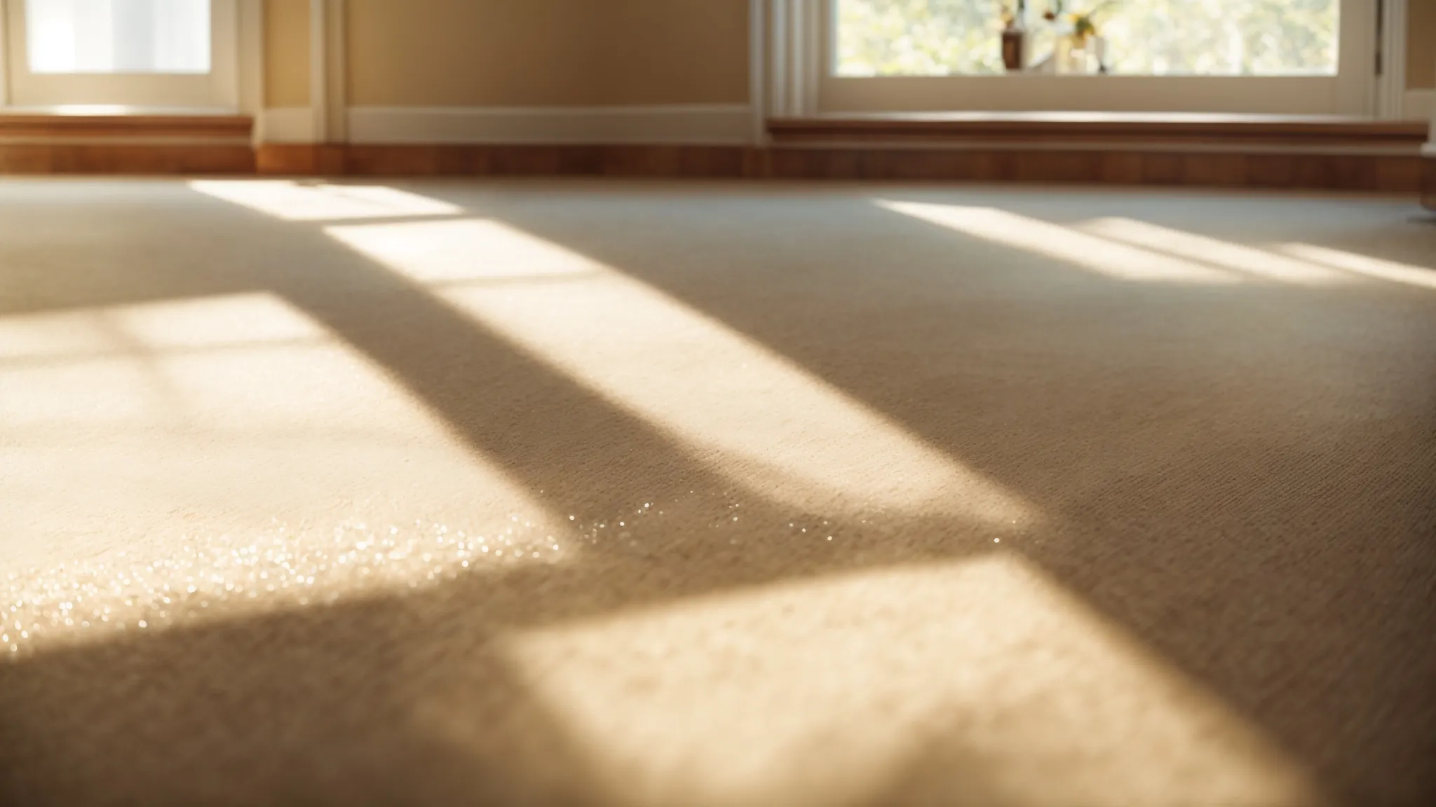 a sparkling clean living room floor with sunlight streaming in, highlighting its shine and cleanliness.