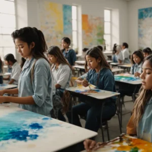 a vibrant classroom filled with students painting on large canvases.