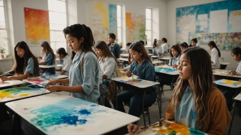 a vibrant classroom filled with students painting on large canvases.