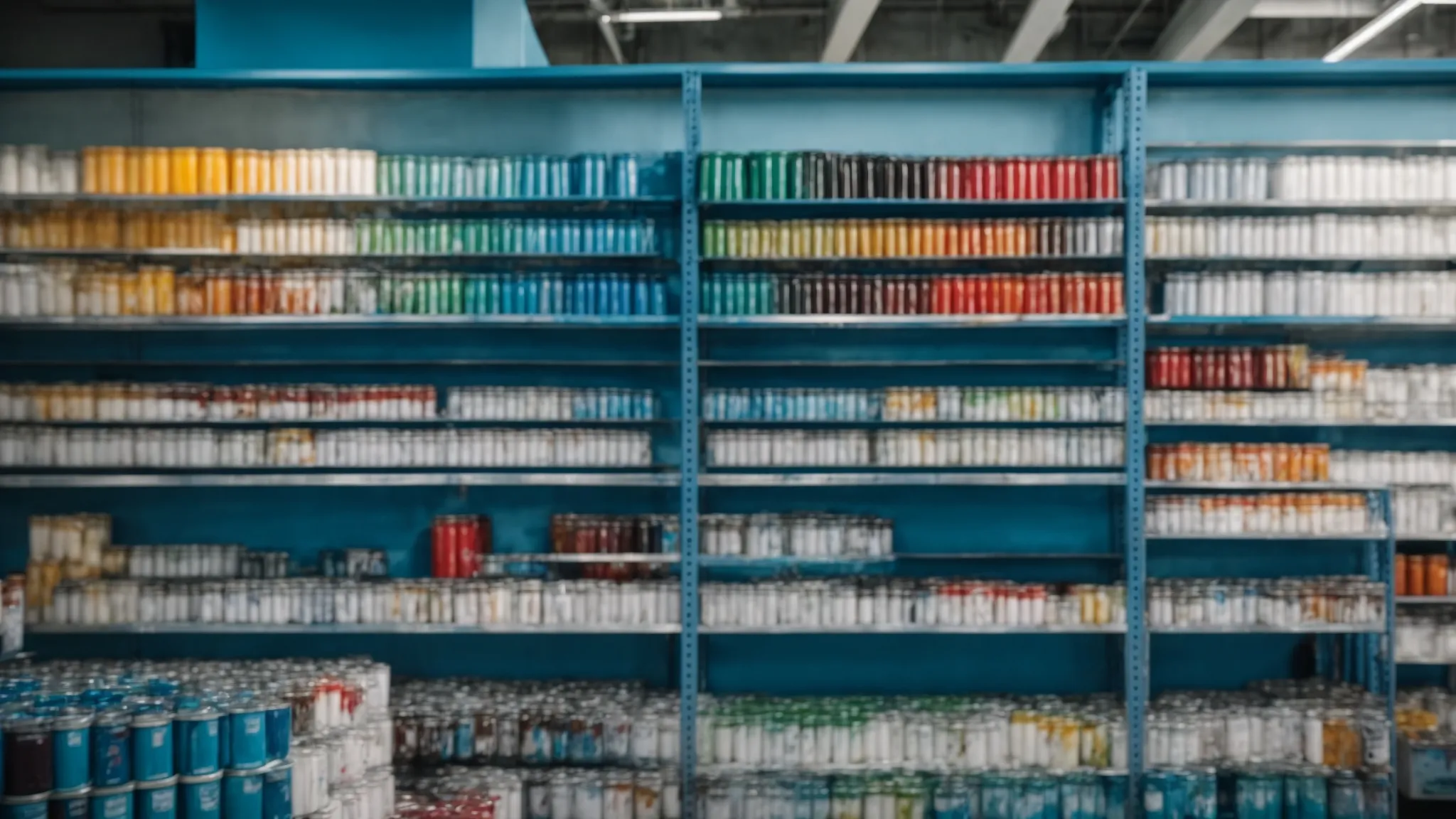 rows of colorful paint cans line the well-lit shelves of a modern miami paint shop, with a tranquil blue accent wall evoking the city's coastal vibes.