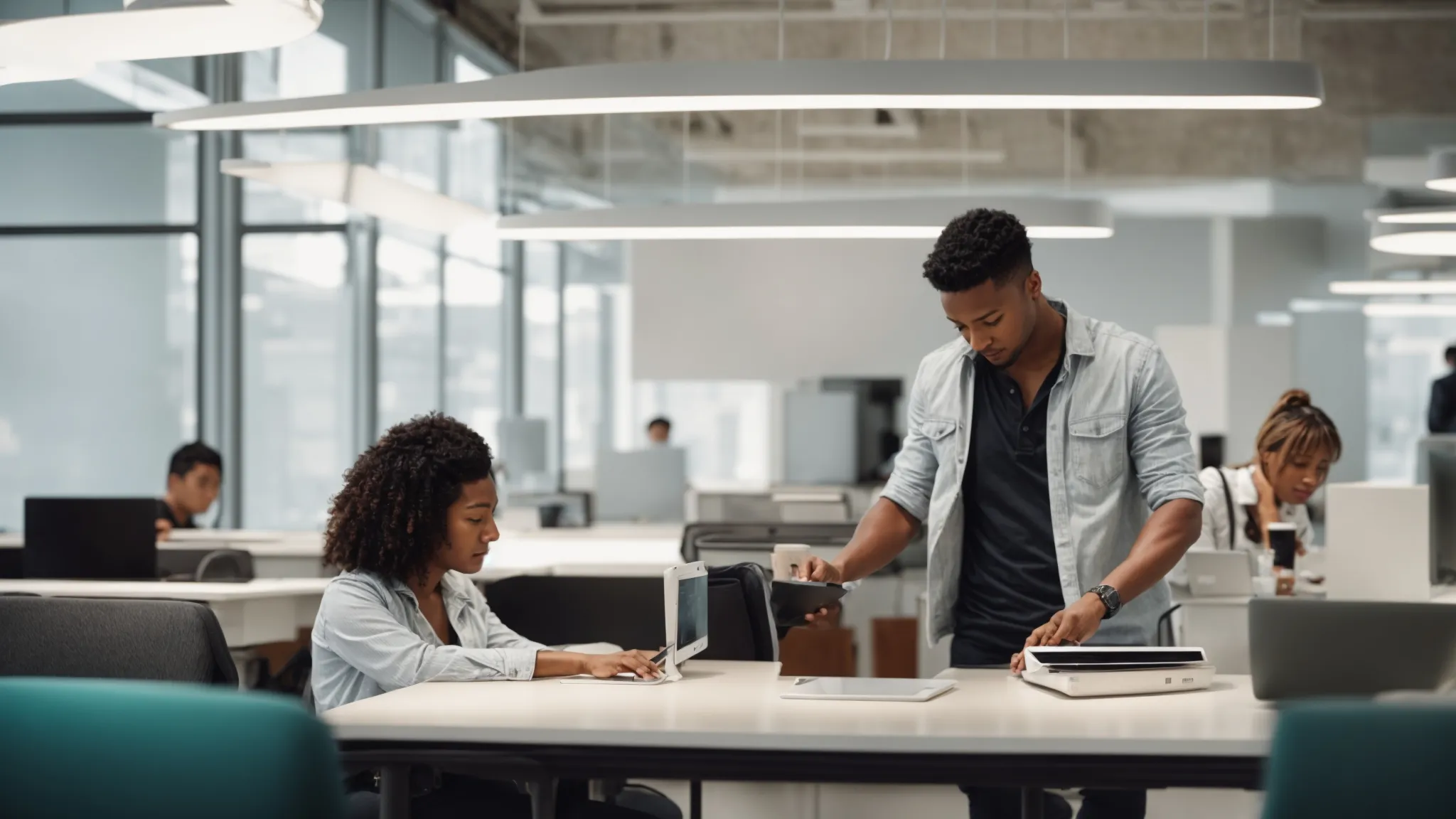 two individuals collaborating over a digital tablet in a bright, modern office space.
