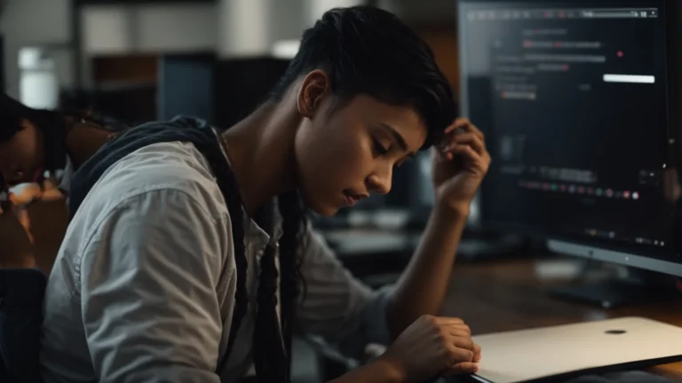a student sits thoughtfully in front of a computer, browsing through various webpages about different master’s degree programs.