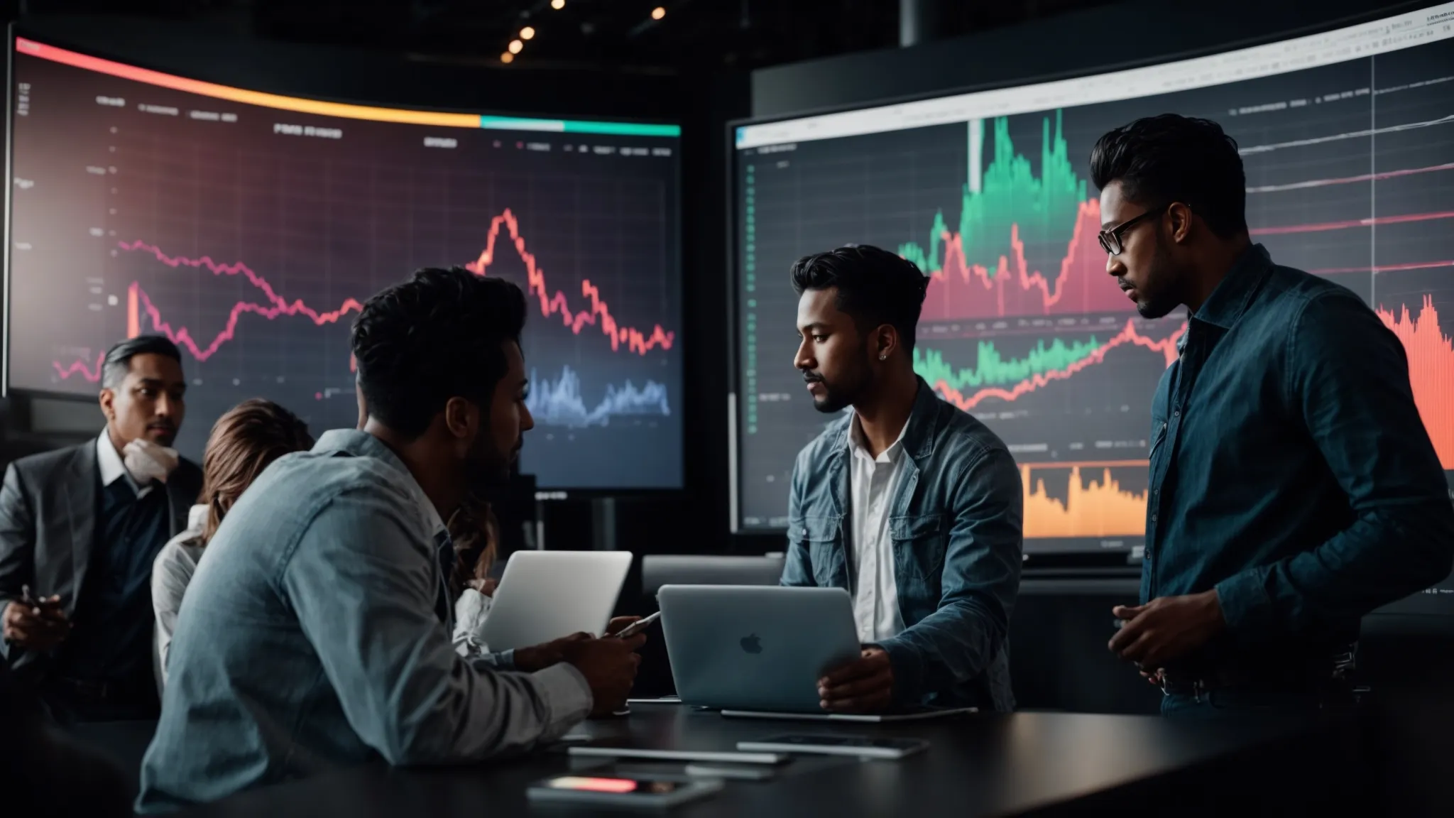 a diverse team of professionals collaborates around a large digital screen, displaying colorful graphs and web analytics.