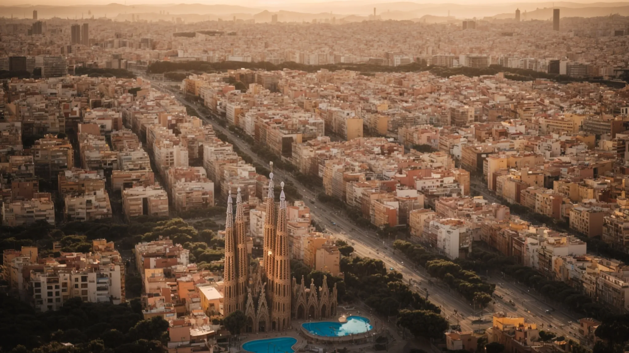 a panoramic view of barcelona showcasing the sagrada familia and the city stretching out towards the beach under a golden sunset.