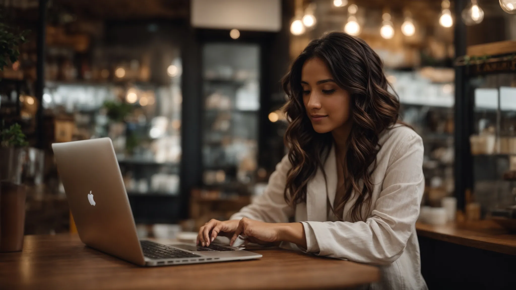 a small business owner is optimizing their website on a laptop in a cozy cafe.