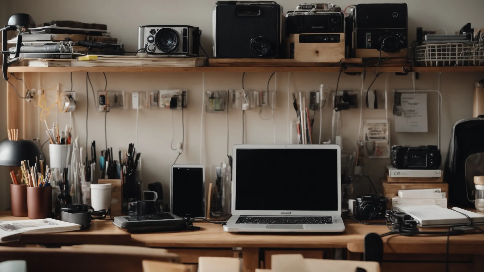 a neatly organized desk with cables arranged using binder clips and a homemade rack underneath, surrounded by common household items repurposed for organization.