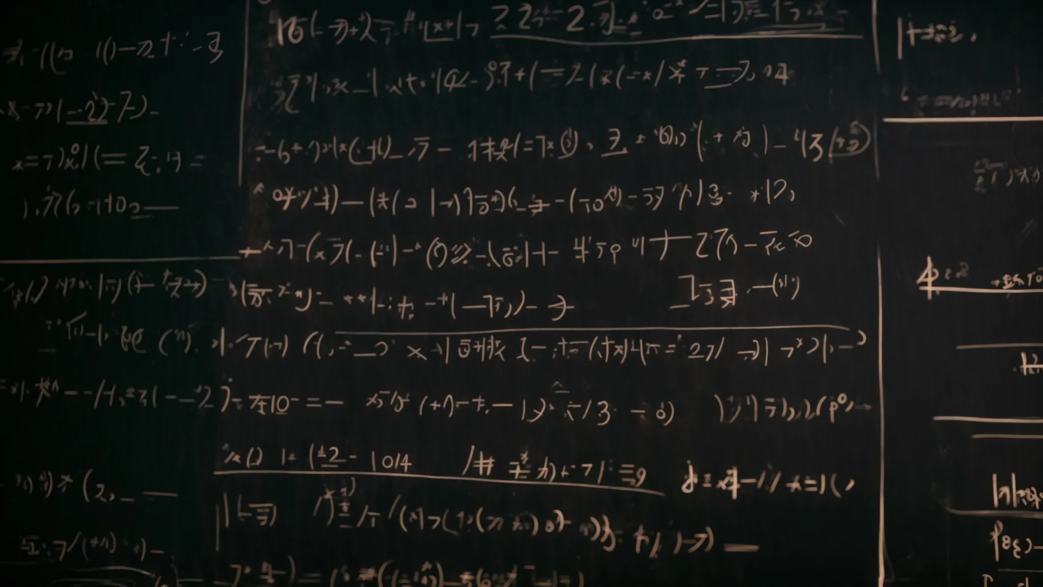 a chalkboard filled with neatly written algebraic formulas under the warm glow of overhead classroom lights.