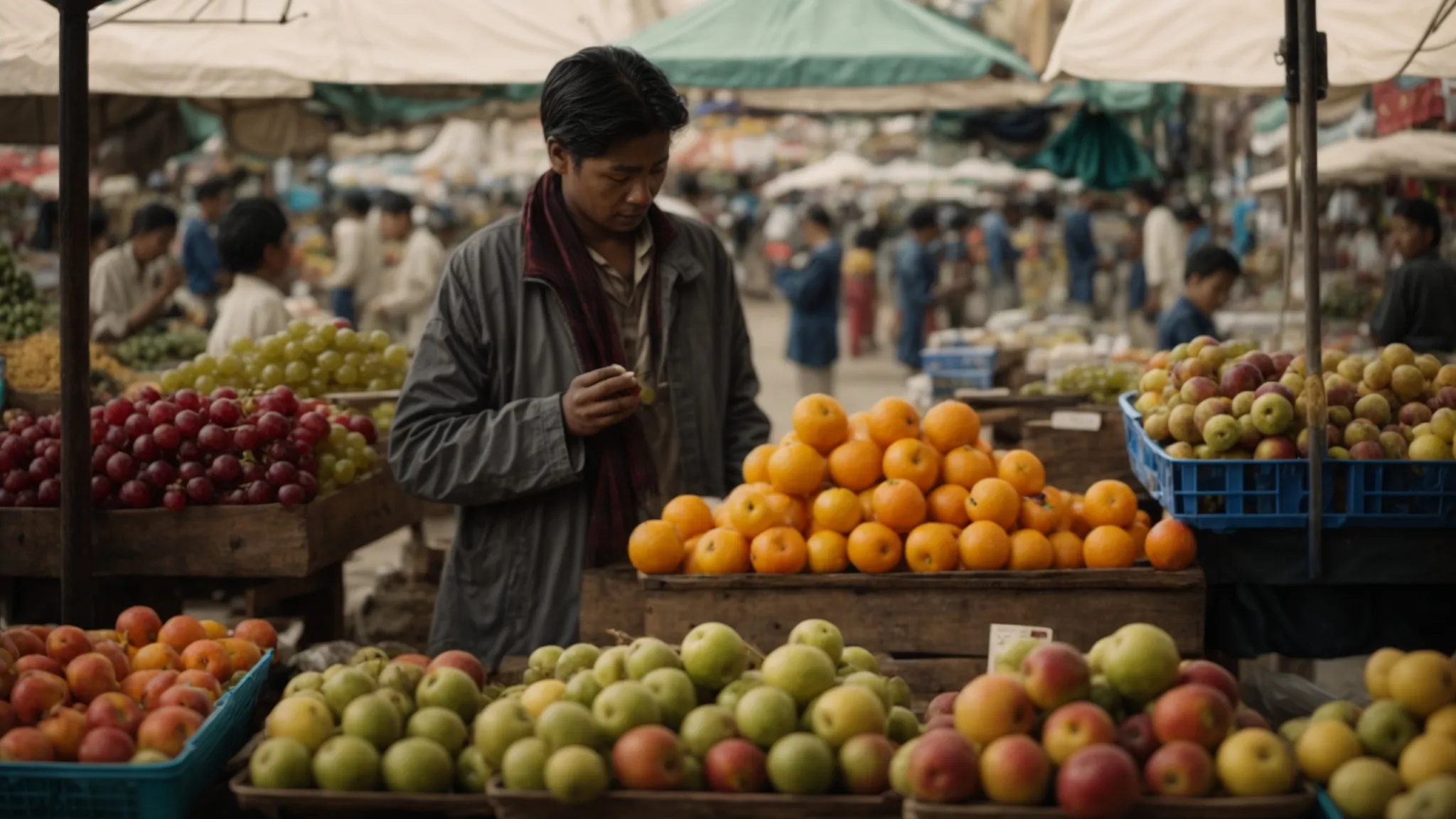 a person at a market stall weighing fruits on a scale, visually comparing the balance.