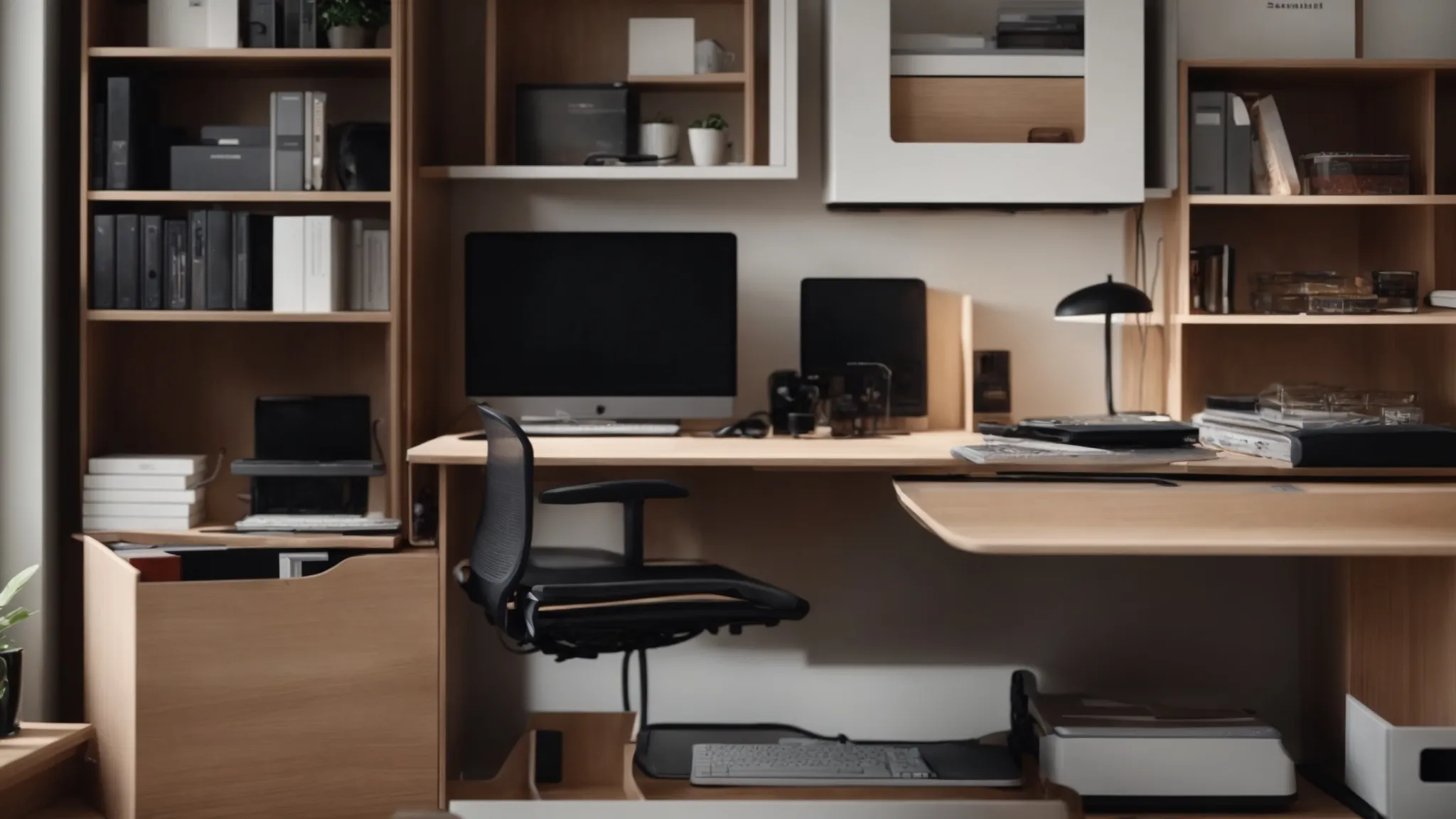 a neatly organized desk with sleek shelves, a keyboard tray, and a compact file cabinet tucked underneath, all fitting snugly in a small workspace.