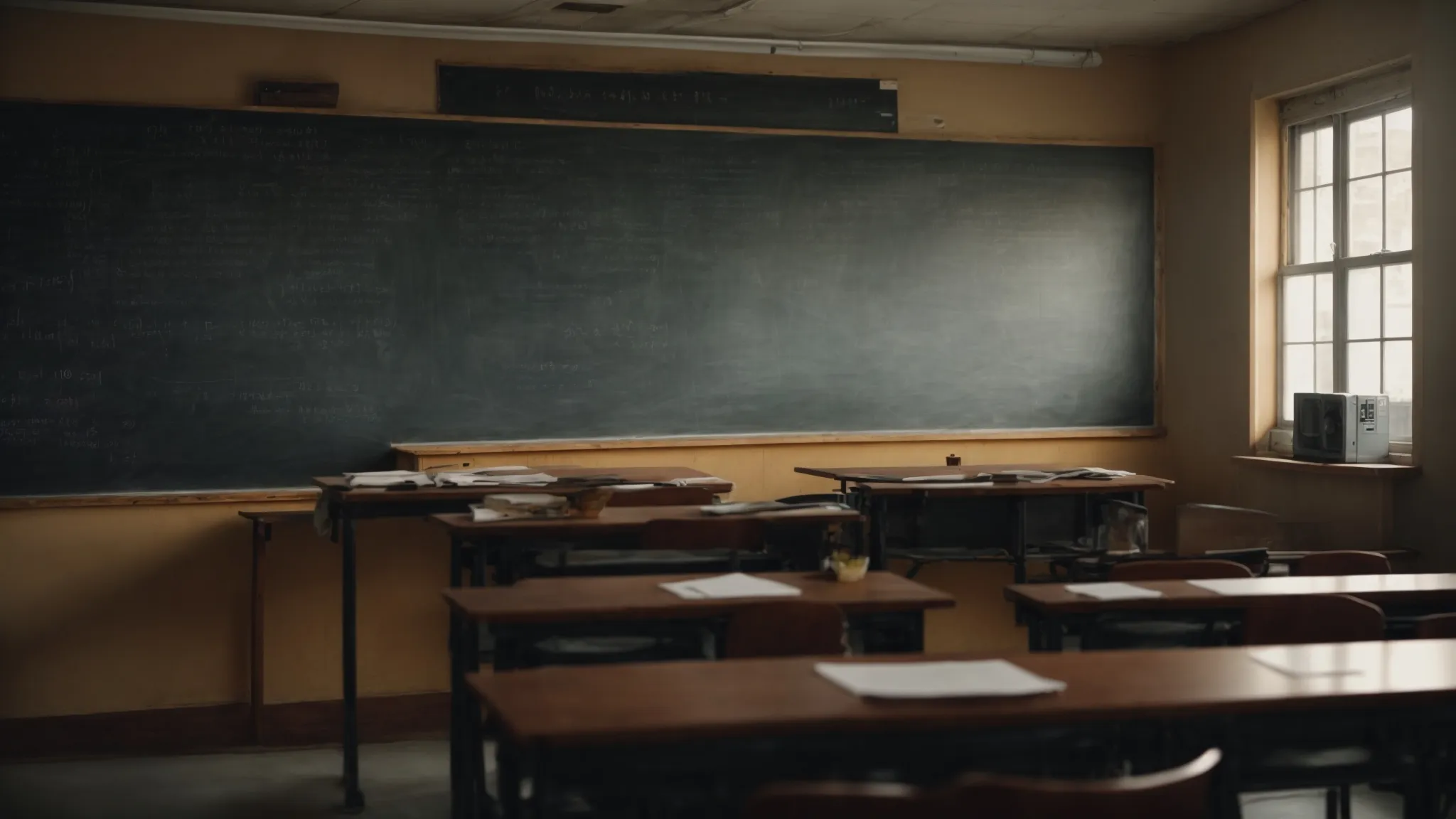 a wide, open classroom with a chalkboard filled with various mathematical equations and graphs, illustrating linear, polynomial, and trigonometric functions.