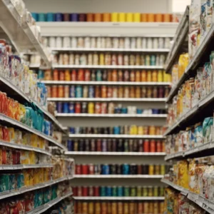 a row of vibrant paint cans lines the shelves of a well-lit store, with a customer browsing the colors.