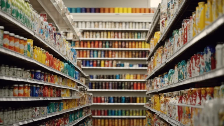 a row of vibrant paint cans lines the shelves of a well-lit store, with a customer browsing the colors.