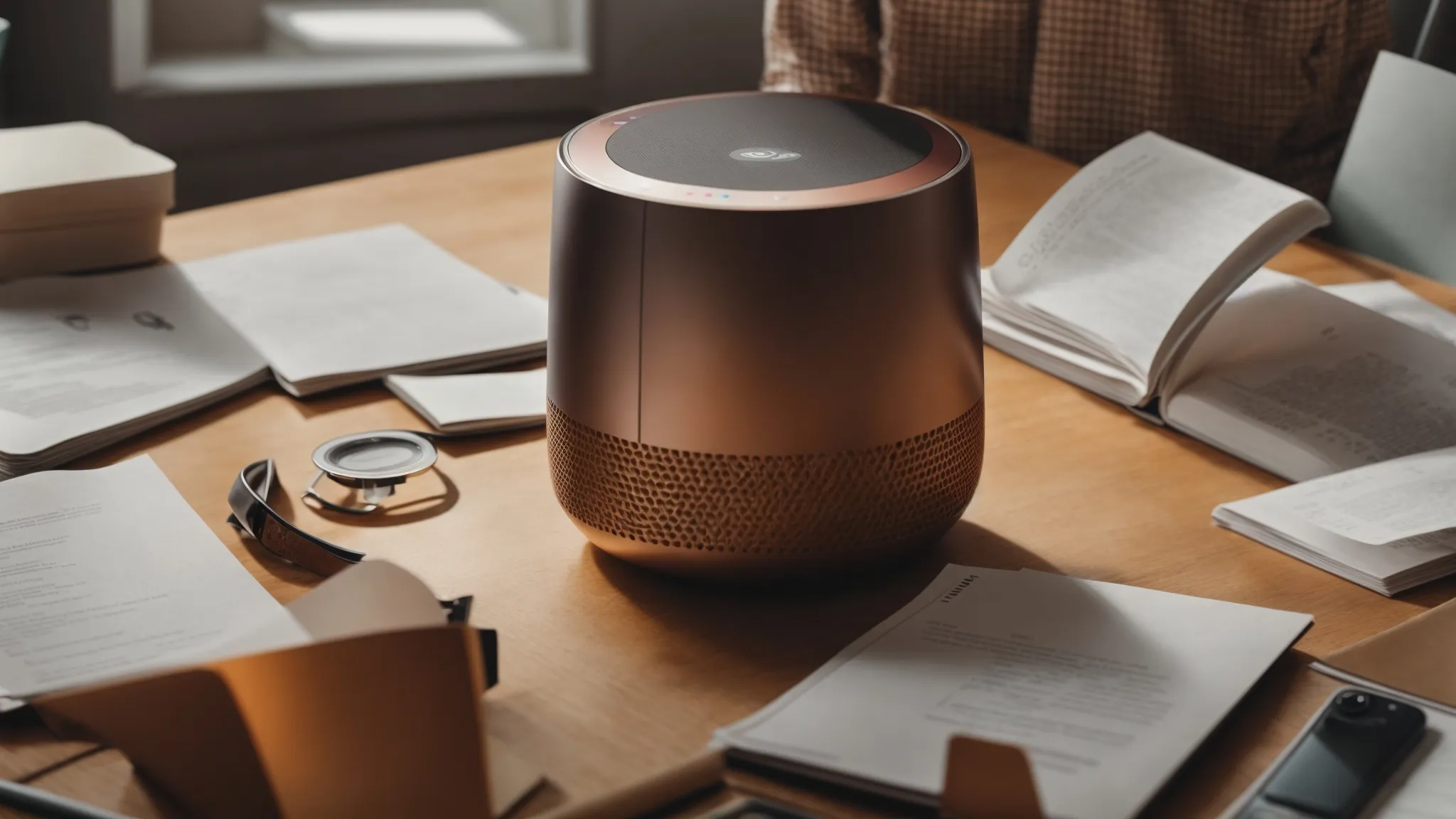 a woman speaking into a smart speaker on her desk, surrounded by digital marketing strategy papers.