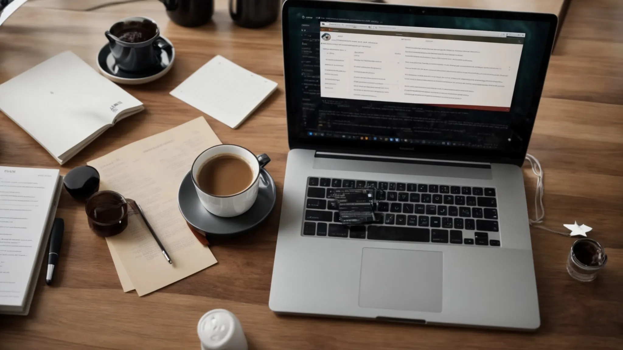 a desktop with an open laptop displaying a search engine page, surrounded by notes on seo strategies and a cup of coffee.