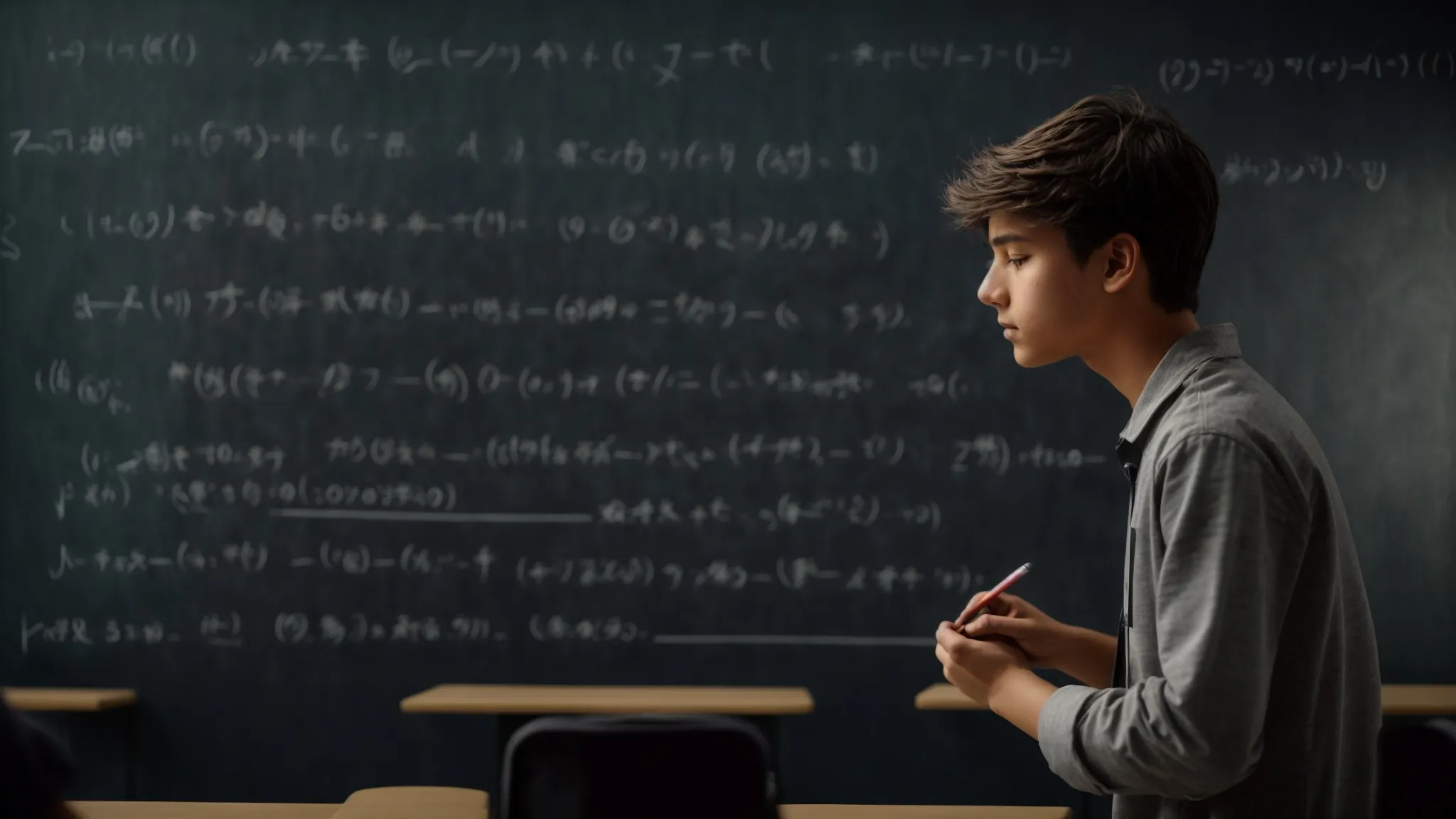 a teenager stands before a large blackboard, chalk in hand, intently solving complex algebraic expressions under the watchful gaze of an encouraging teacher.
