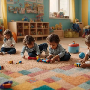 children playing with educational toys around a colorful classroom carpet.