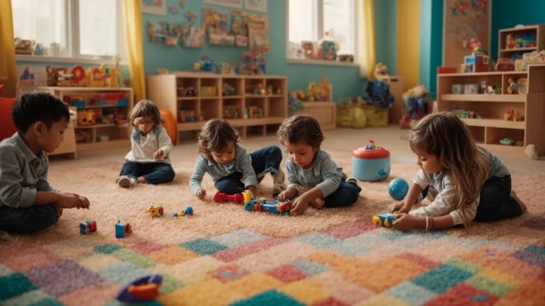 children playing with educational toys around a colorful classroom carpet.