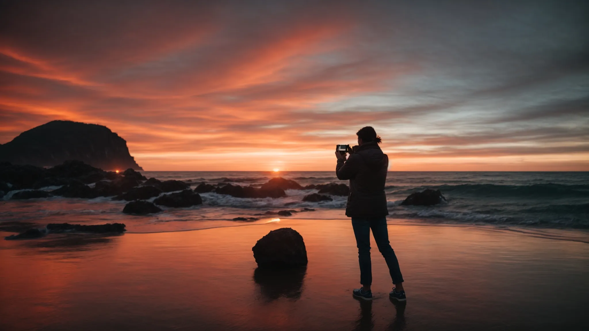 a person capturing a vibrant sunset using the latest iphone model, showcasing the device's advanced photography features.