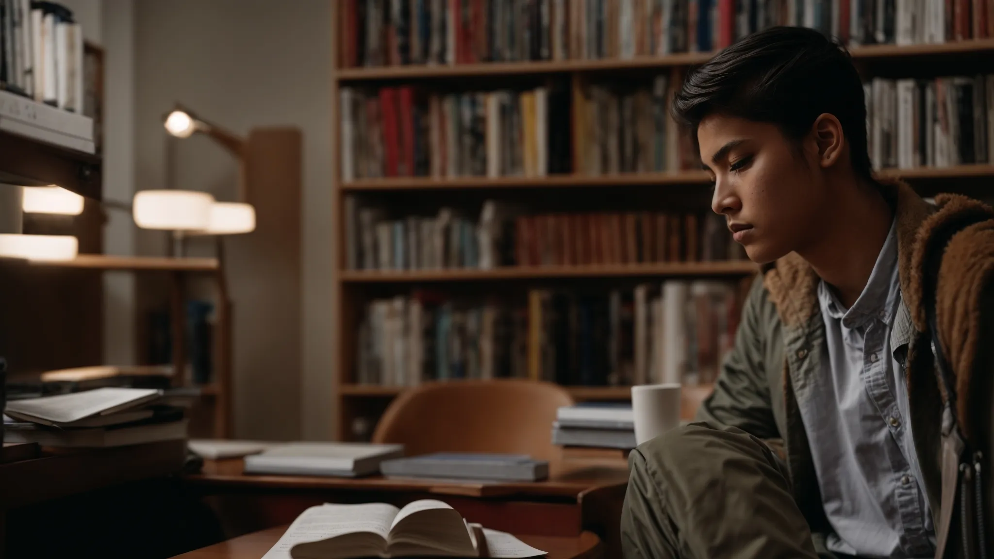 a student contemplating their options in a quiet library corner, surrounded by books and a laptop.