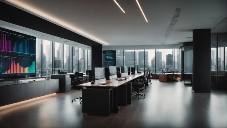 a sleek, modern office space filled with large, high-definition screens displaying colorful graphs and analytics dashboards.