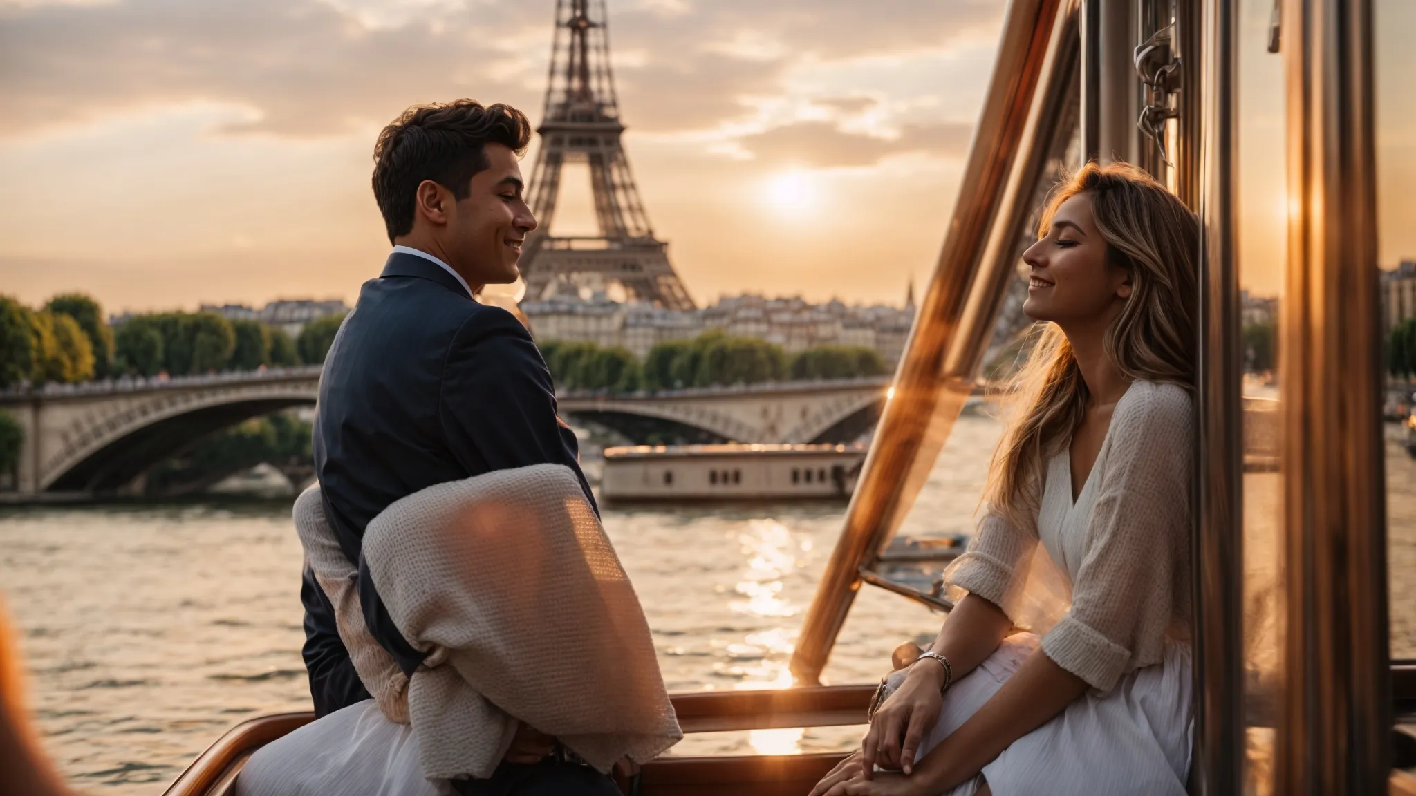 the sun sets behind the eiffel tower as a couple enjoys a leisurely cruise on the seine river, embodying the romance and beauty of paris.