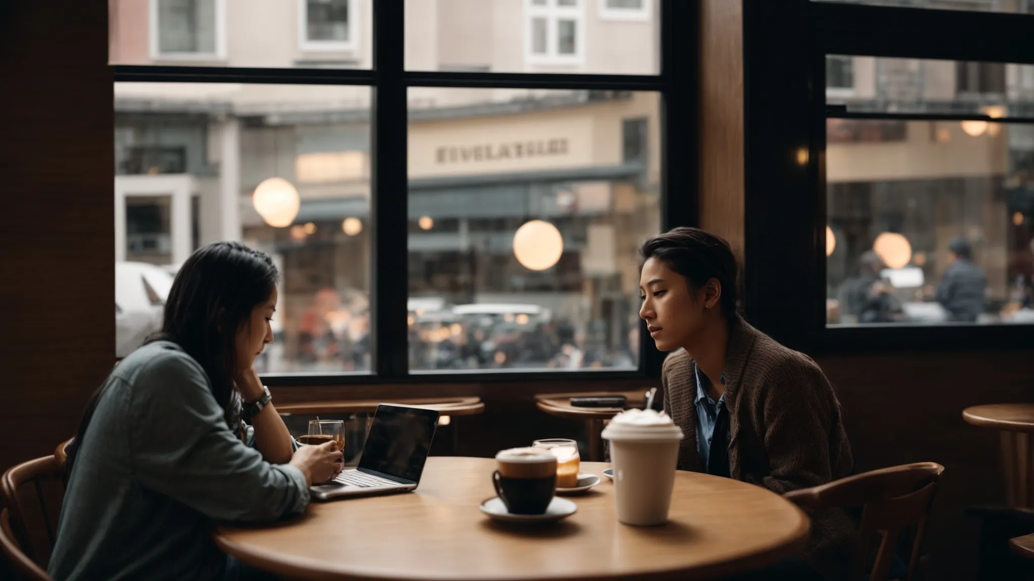 two people sitting at a cafe, conversing over coffee while a laptop screen shows live captioning between them.