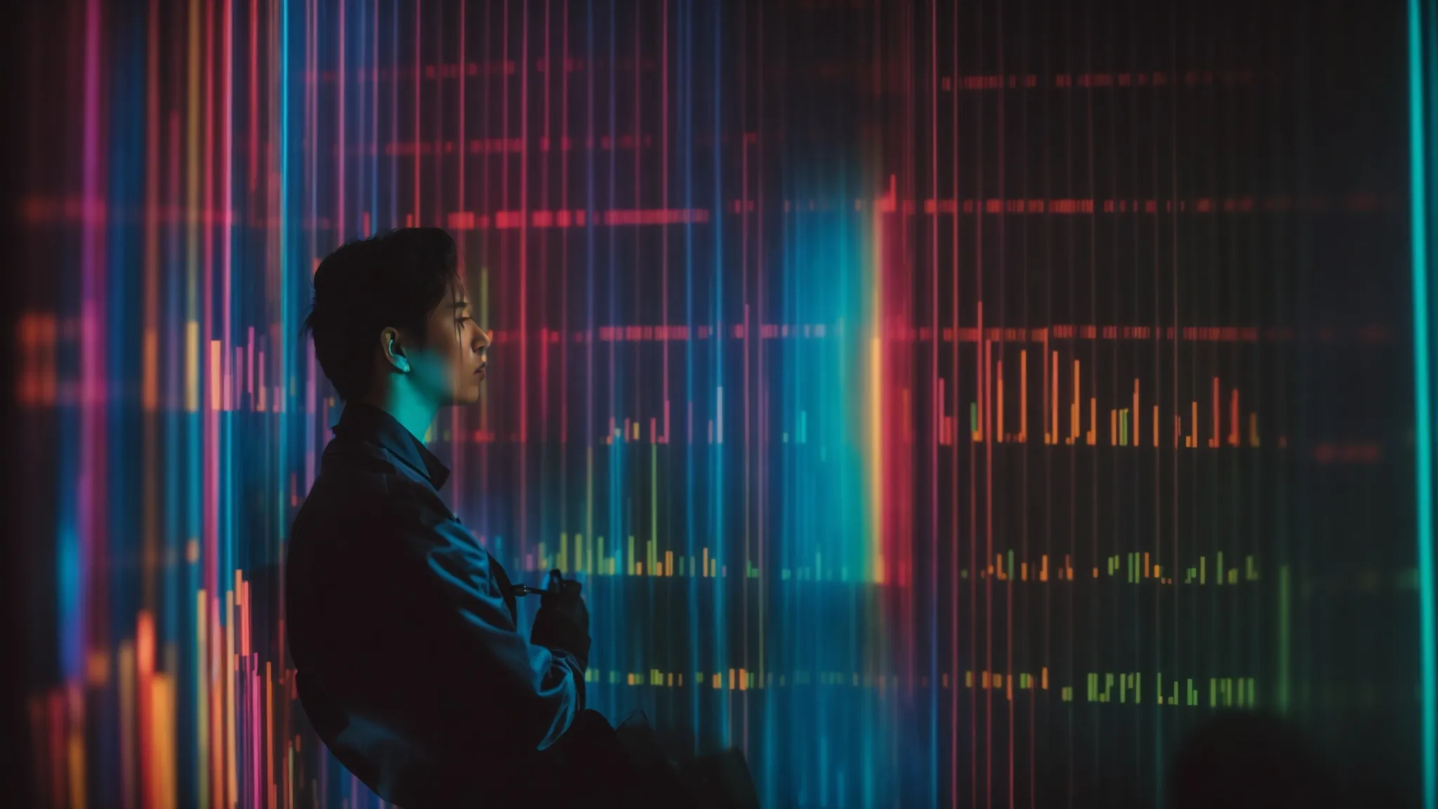 a student intently focuses on a computer screen displaying colorful linear graphs.