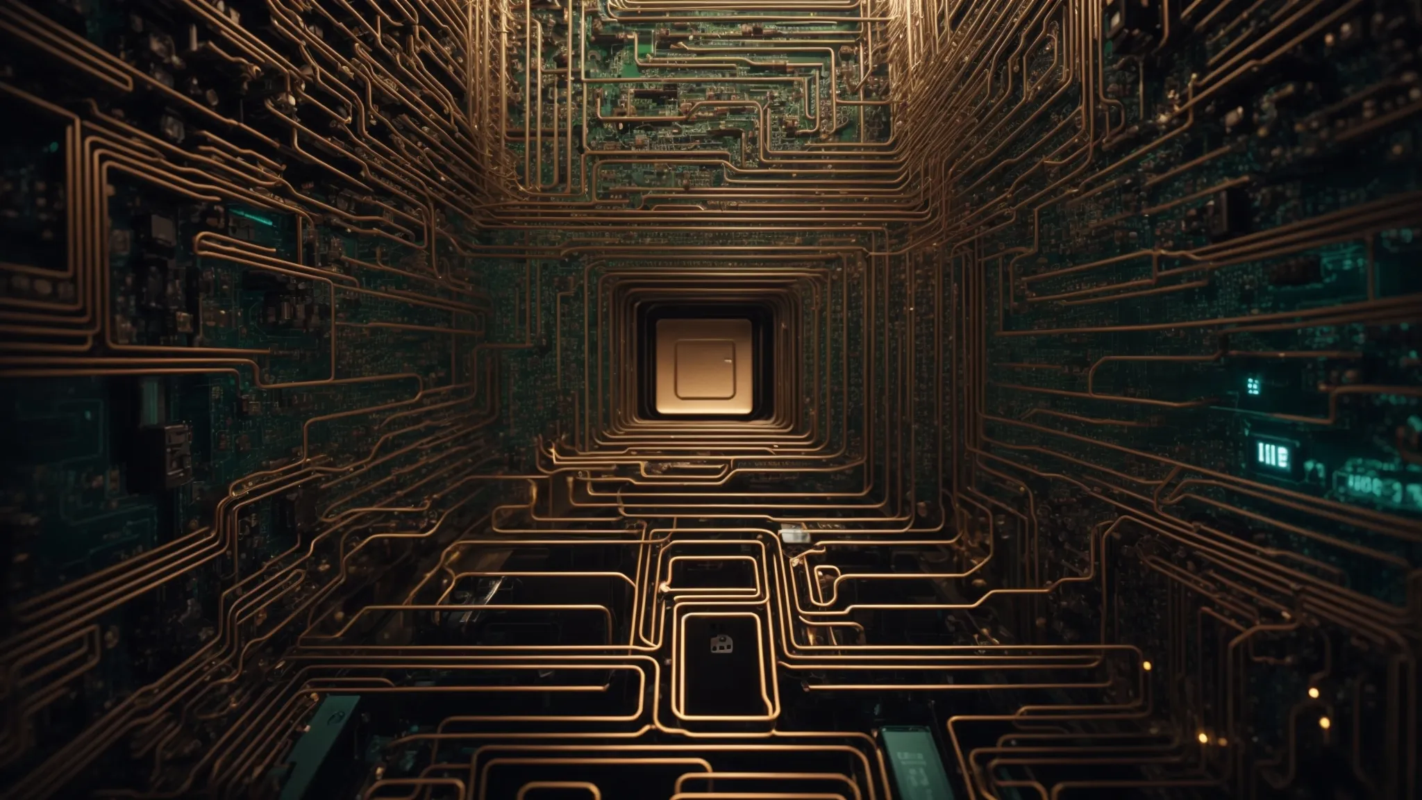 a maze constructed from circuit boards and wires, with a shining mobile phone at its center, symbolizing the complexity of navigating technical seo.