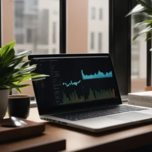 a laptop displaying vibrant graphs on the screen sits on a minimalist desk alongside a potted plant and a cup of coffee, symbolizing a modern marketing strategist’s workspace.