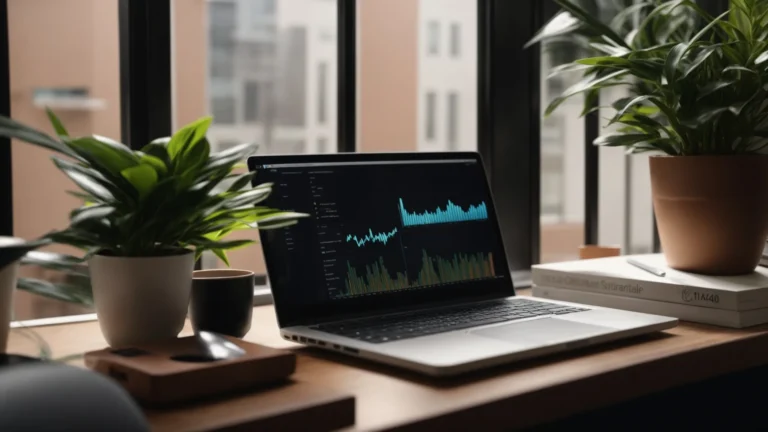 a laptop displaying vibrant graphs on the screen sits on a minimalist desk alongside a potted plant and a cup of coffee, symbolizing a modern marketing strategist’s workspace.