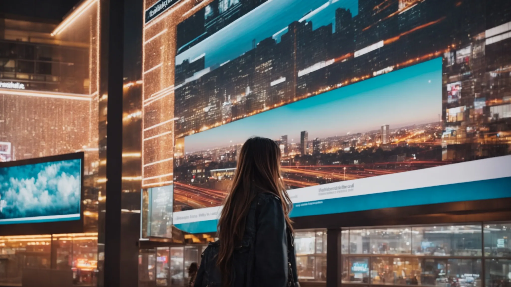 a person is looking at a large, illuminated billboard featuring a popular social media influencer promoting a new product.