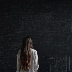 a person stands in front of a large blackboard covered in complex equations and probability graphs.