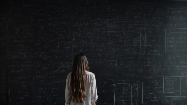a person stands in front of a large blackboard covered in complex equations and probability graphs.