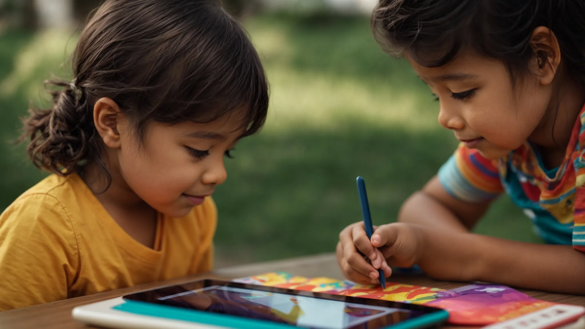 a child sits at a table, interacting with a colorful educational app on a tablet.