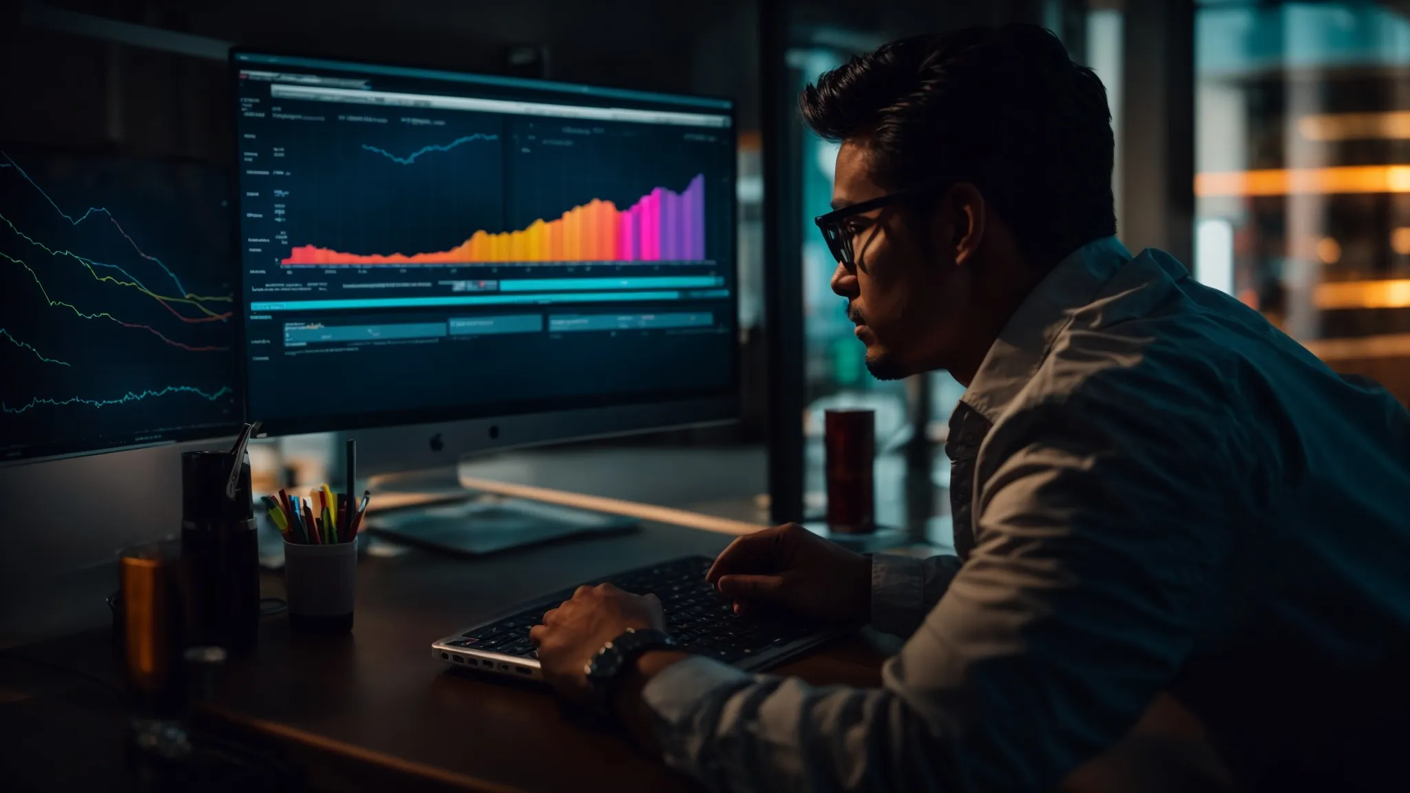 a marketer intensely observes a computer screen displaying colorful graphs and campaign performance metrics.