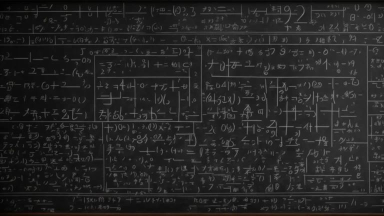 a chalkboard filled with algebraic equations and symbols.