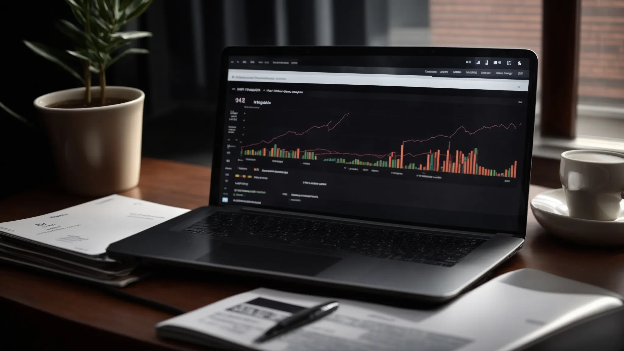 a laptop with a graph of search trends on the screen amid marketing reports on a desk, illuminating the strategic planning behind digital content creation.