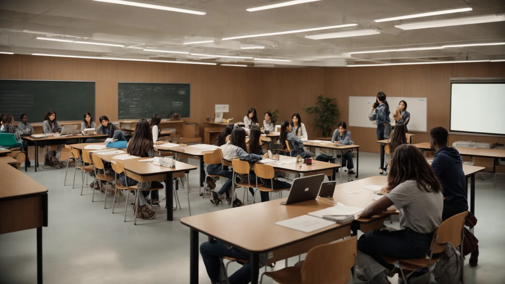 a classroom with diverse students engaging in group projects around tables filled with models and diagrams, under the guidance of an animated instructor.